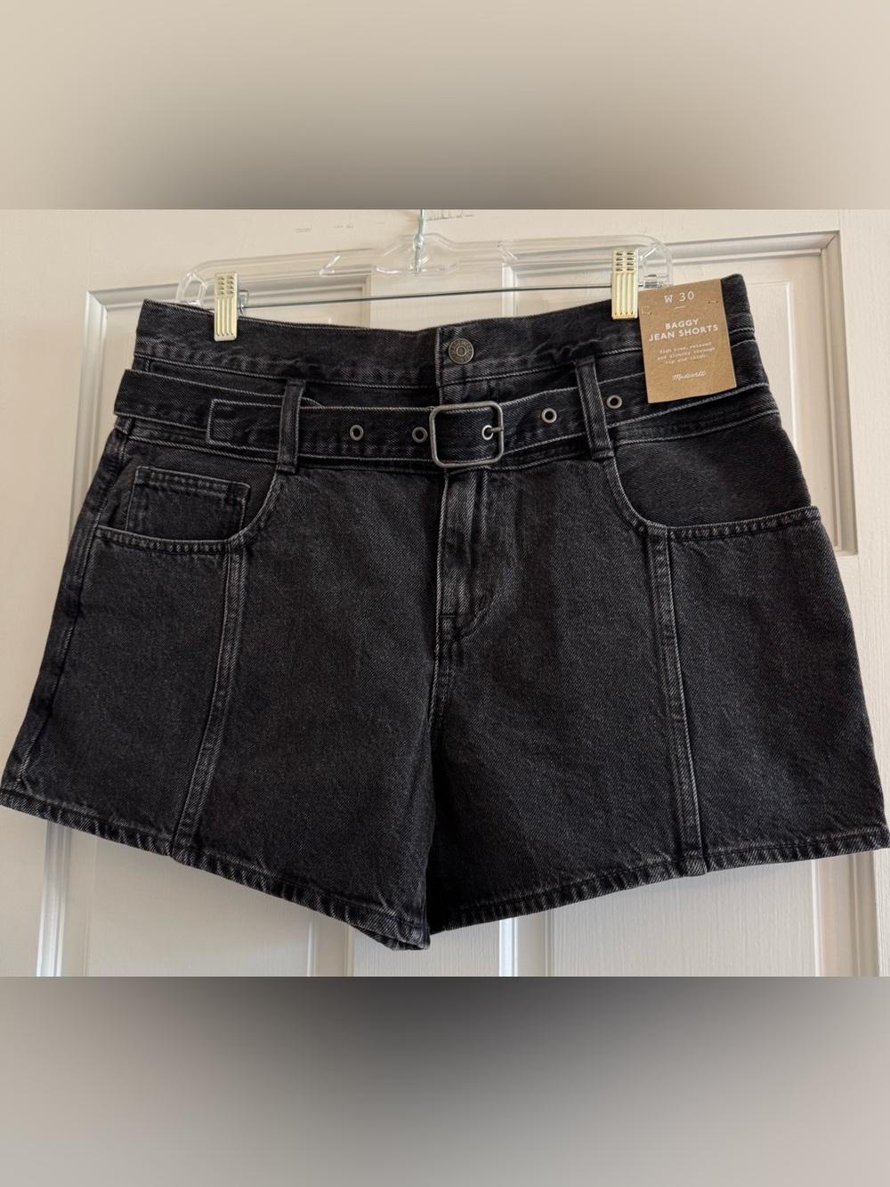 Madewell Baggy Jean Shorts Black Denim Belted High Rise Relaxed